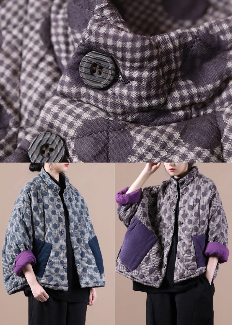 Chic Blue Pockets Patchwork Dot Winter Cotton Coat - Lila