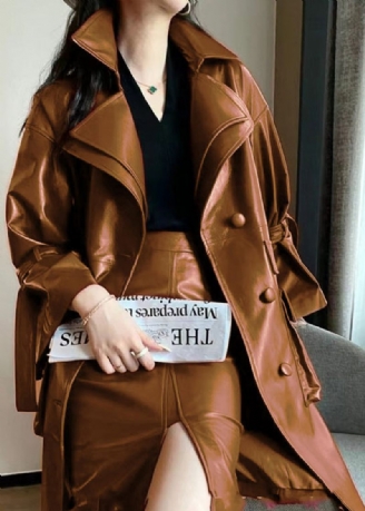 Chic Caramel Tie Midjefickor Faux Läder Trench Coat Flare Sleeve