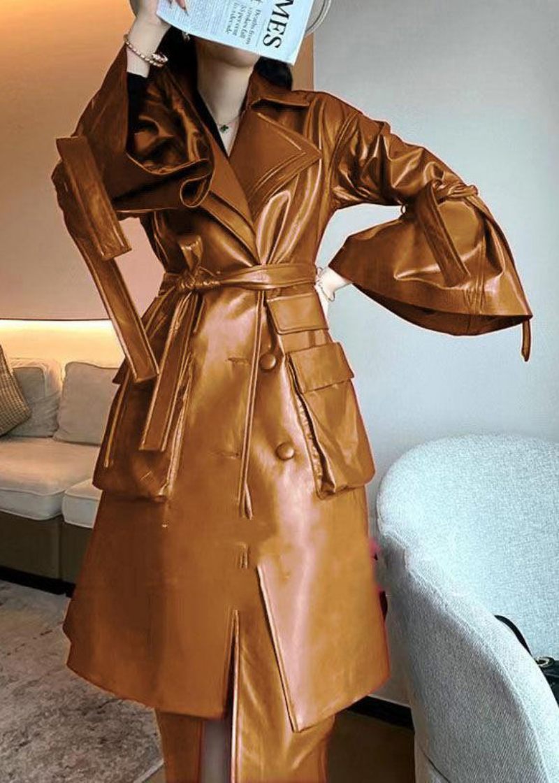 Chic Caramel Tie Midjefickor Faux Läder Trench Coat Flare Sleeve - Trenchcoats för kvinnor