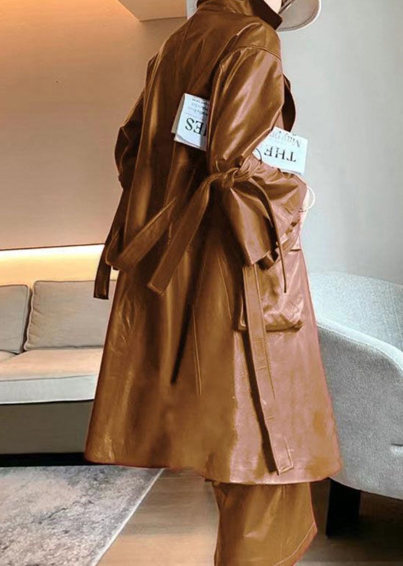 Chic Caramel Tie Midjefickor Faux Läder Trench Coat Flare Sleeve - Trenchcoats för kvinnor