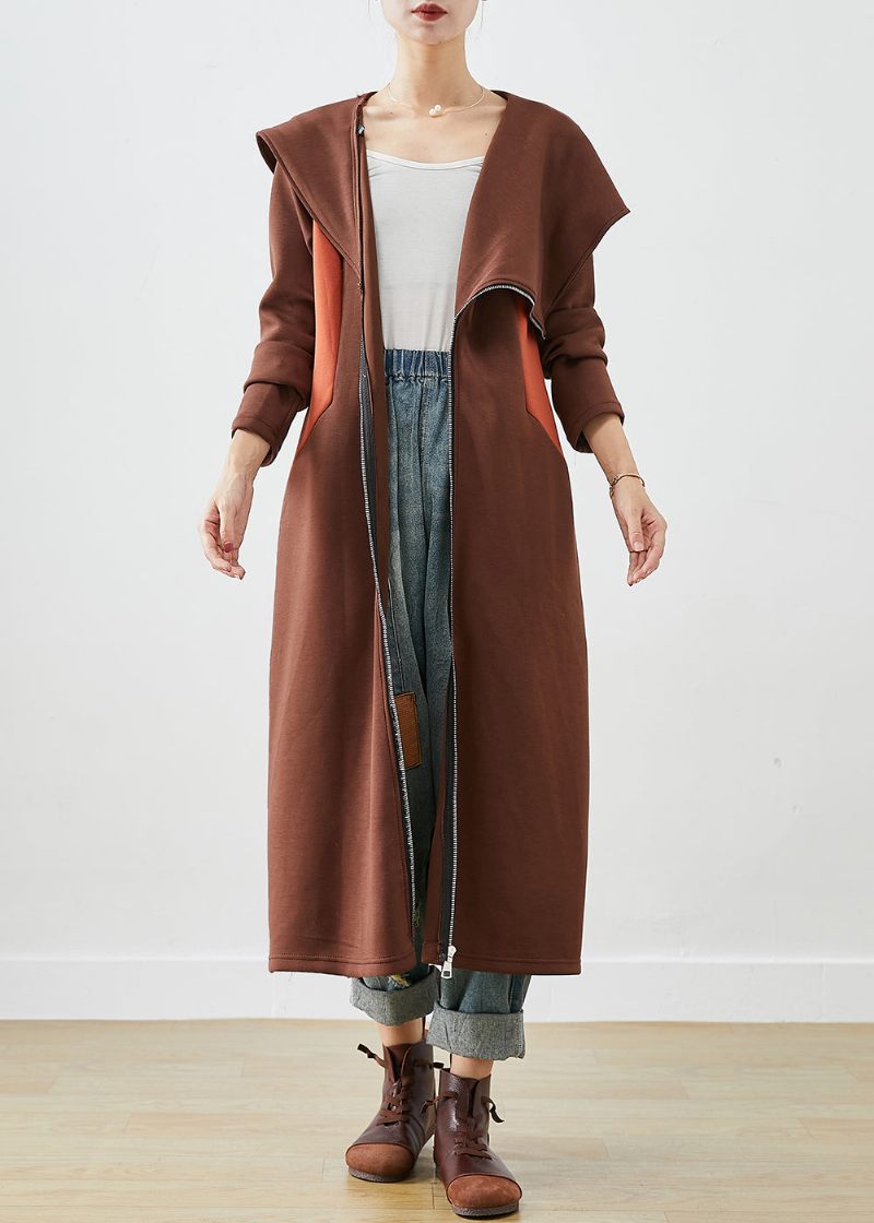 Chic Choklad Hooded Asymmetrisk Patchwork Coat Höst