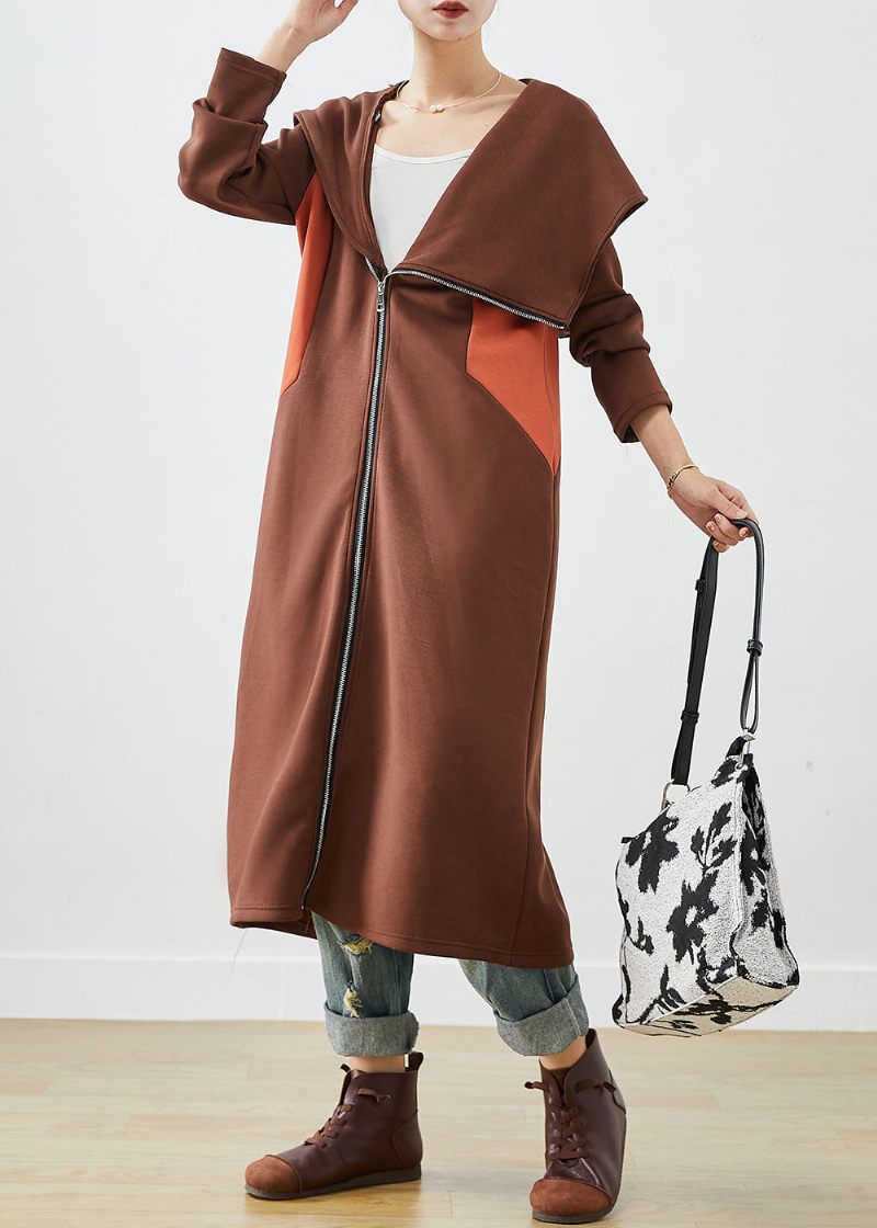 Chic Choklad Hooded Asymmetrisk Patchwork Coat Höst - Trenchcoats för kvinnor