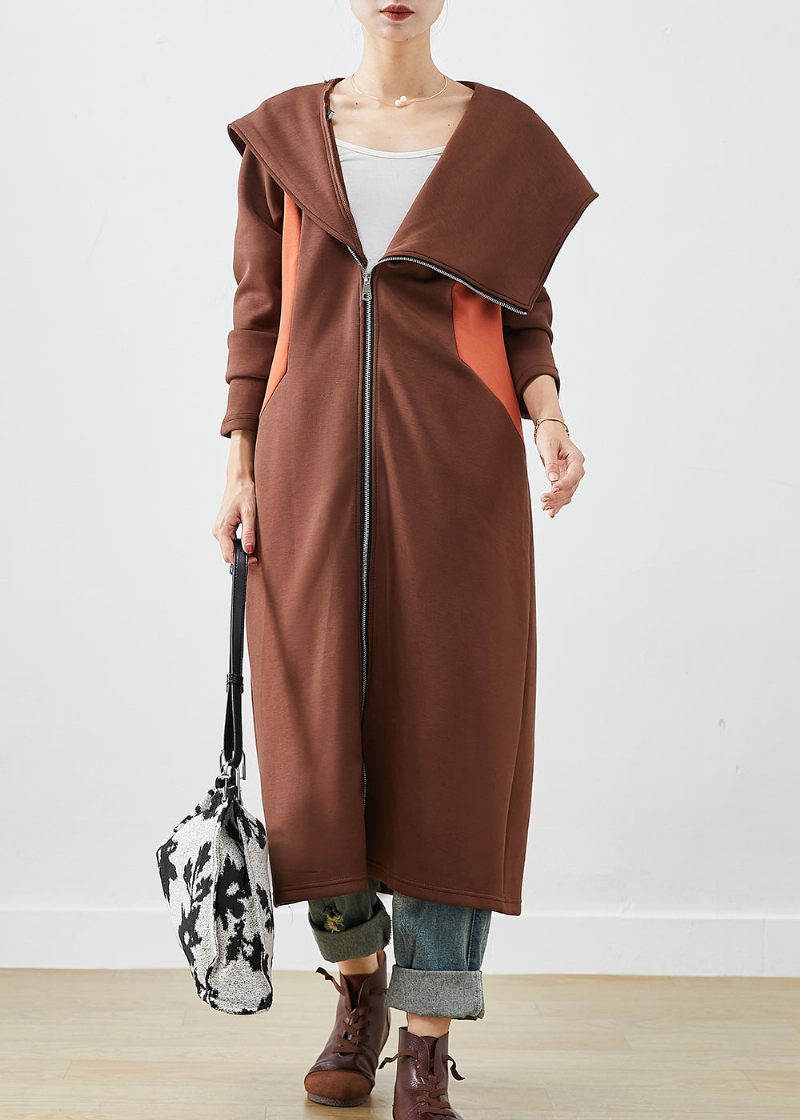 Chic Choklad Hooded Asymmetrisk Patchwork Coat Höst - Trenchcoats för kvinnor