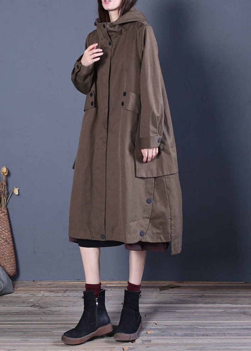 Chic Coffee Lös Dragkedja Med Knapp Höst Hoodie Coat Trenchcoats - Kaffe