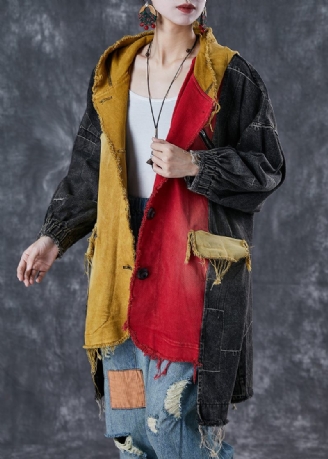 Chic Colorblock Asymmetrisk Patchwork Cotton Coat Höst