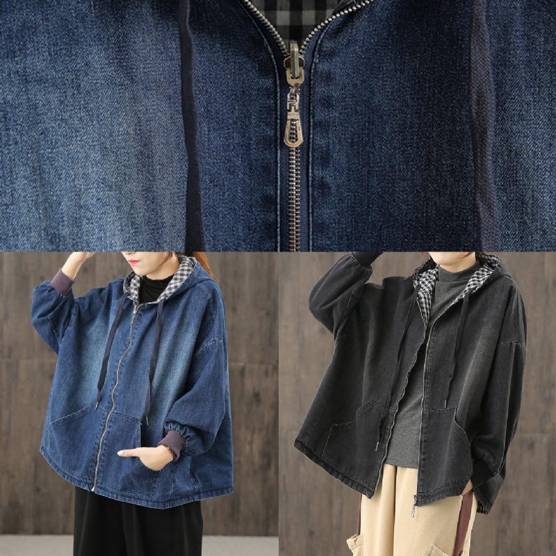 Chic Denim Svarta Kläder Huva Fickor Baggy Blus - Trenchcoats för kvinnor