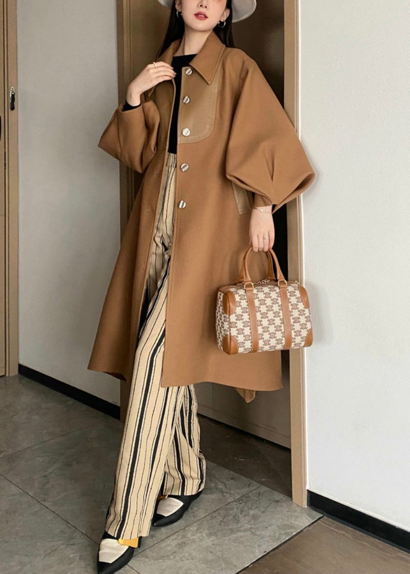 Chic Khaki Button Tie Midja Patchwork Ull Trench Coats Lantern Sleeve