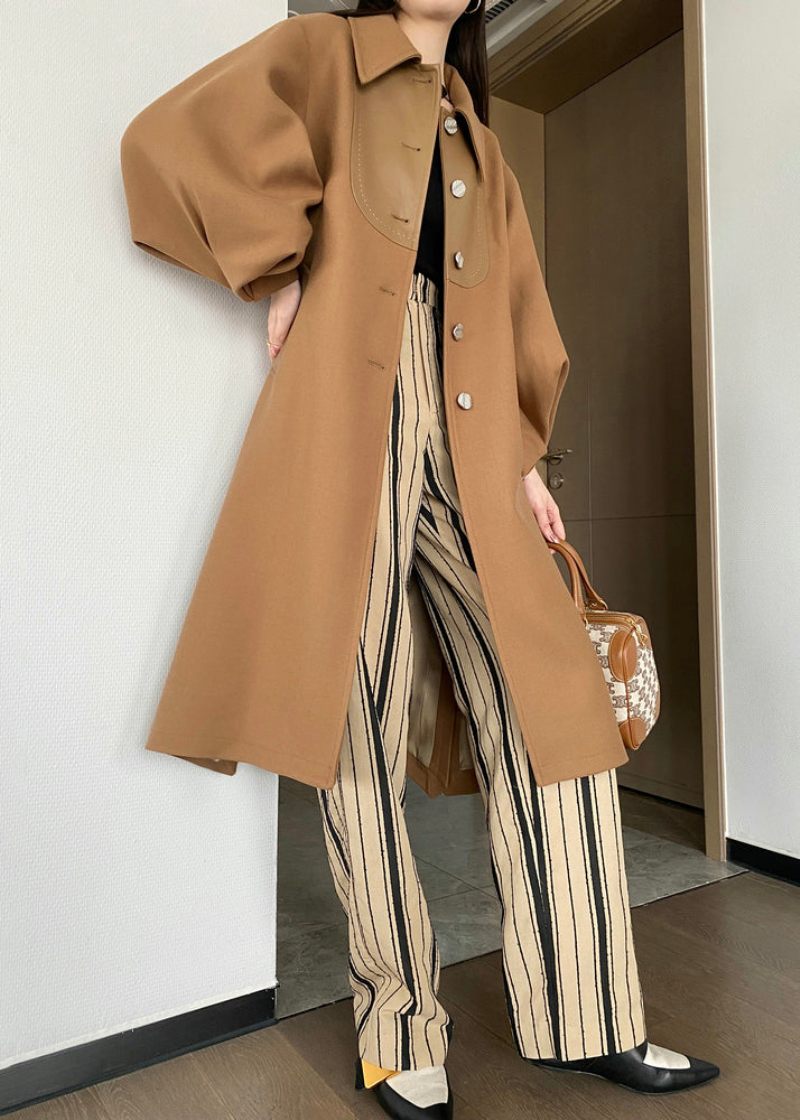 Chic Khaki Button Tie Midja Patchwork Ull Trench Coats Lantern Sleeve - Trenchcoats för kvinnor