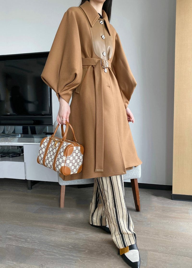 Chic Khaki Button Tie Midja Patchwork Ull Trench Coats Lantern Sleeve - Trenchcoats för kvinnor