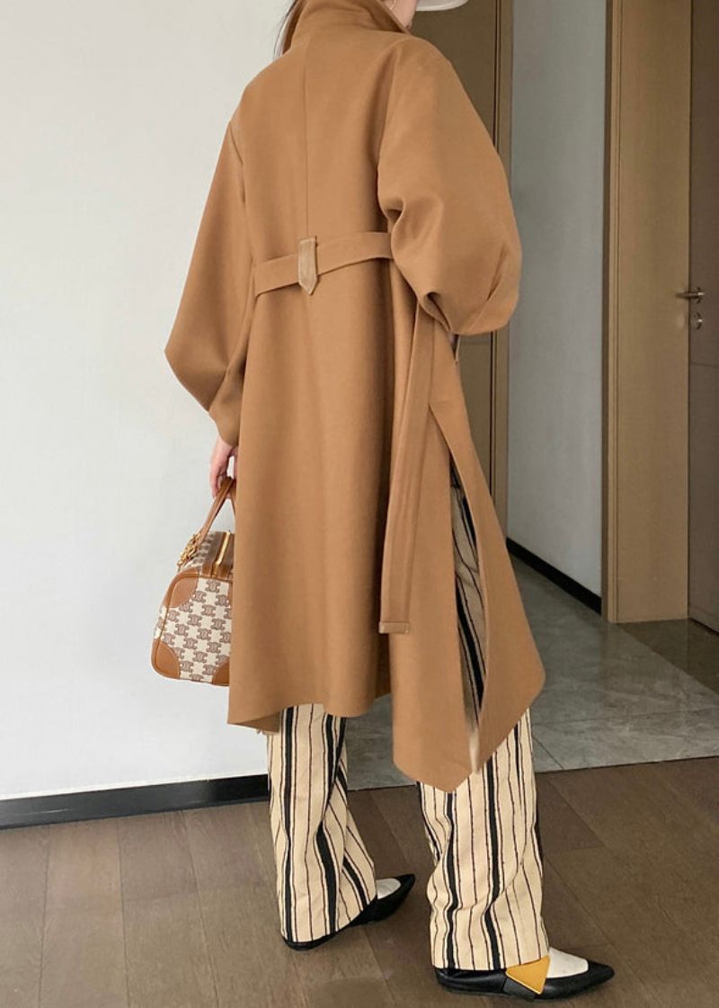 Chic Khaki Button Tie Midja Patchwork Ull Trench Coats Lantern Sleeve - Trenchcoats för kvinnor