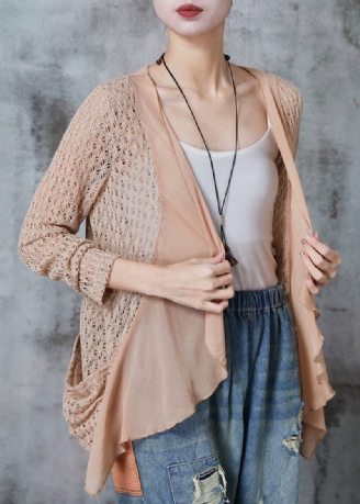 Chic Khaki Hollow Out Patchwork Stickad Cardigan Summer