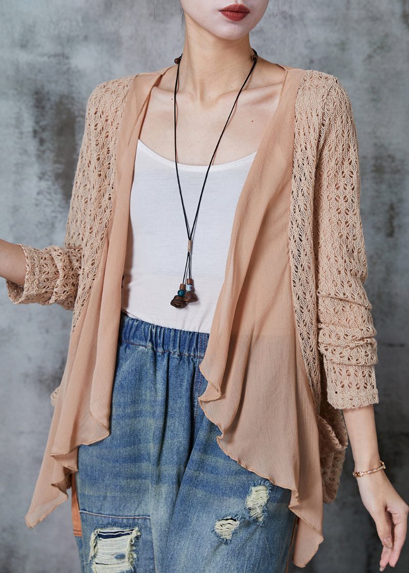 Chic Khaki Hollow Out Patchwork Stickad Cardigan Summer - Koftor för kvinnor