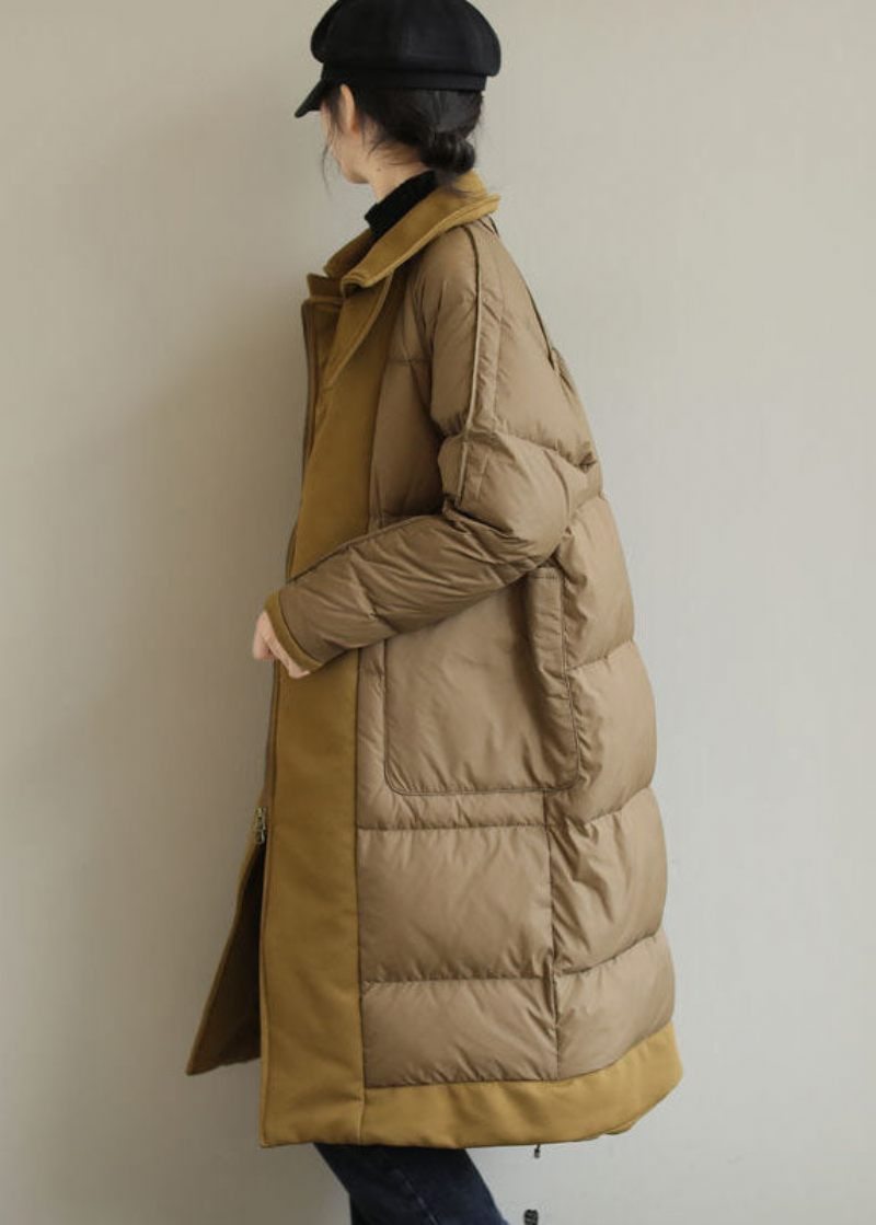 Chic Khaki Peter Pan Krage Patchwork Duck Down Puffer Coat Vinter - Kaki