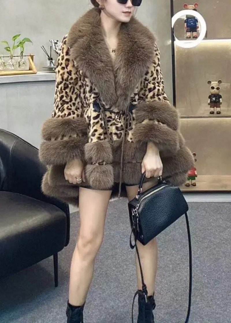 Chic Leopard Peter Pan Krage Dragsko Patchwork Fuzzy Fur Fluffy Coats Vinter