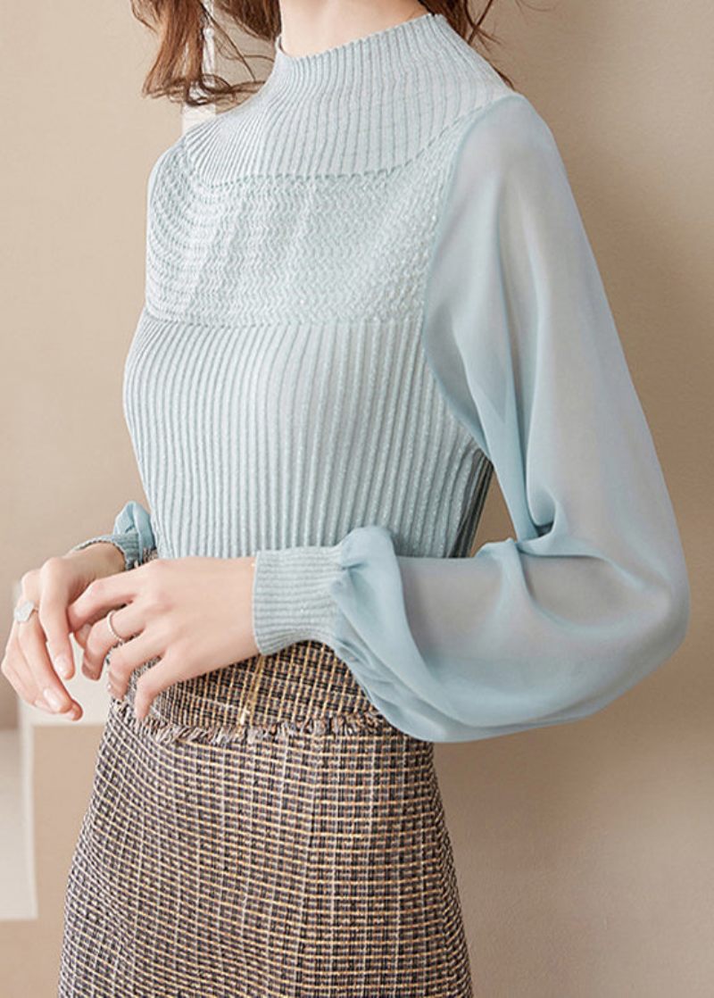 Chic Ljusgrön Halv Turtleneck Tyll Patchwork Ylletröjor Lanternärm