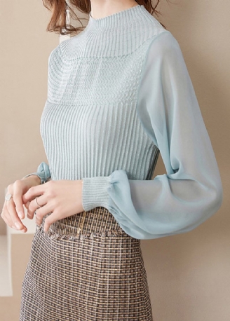 Chic Ljusgrön Halv Turtleneck Tyll Patchwork Ylletröjor Lanternärm