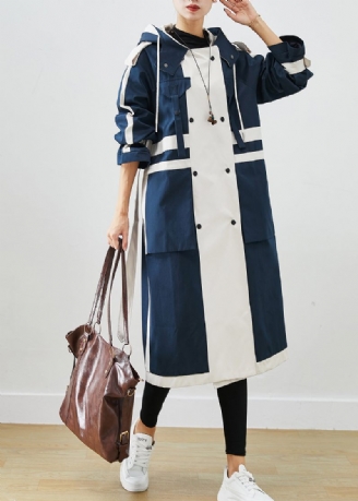 Chic Marinblå Oversized Patchwork Original Design Trenchcoats I Bomull Höst