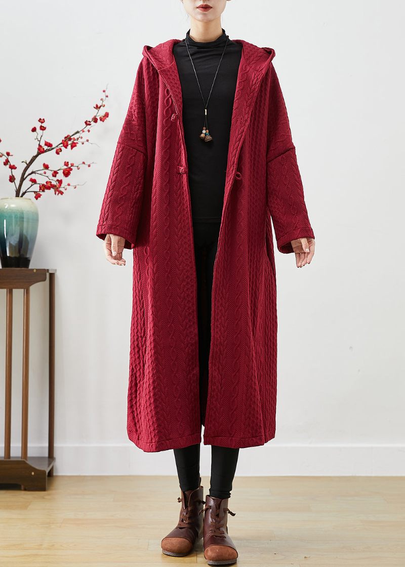 Chic Mulberry Hooded Chinese Button Cotton Trench Coat Fall - Trenchcoats för kvinnor