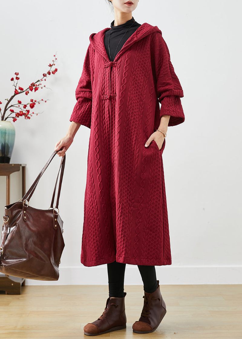 Chic Mulberry Hooded Chinese Button Cotton Trench Coat Fall - Trenchcoats för kvinnor