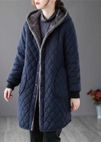 Chic Navy Hooded Randig Varm Fleece Parka Winter