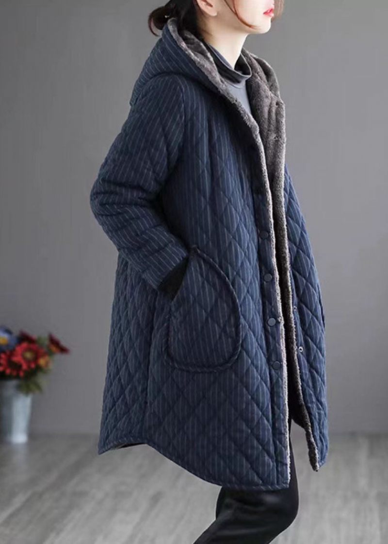 Chic Navy Hooded Randig Varm Fleece Parka Winter - Marinblå