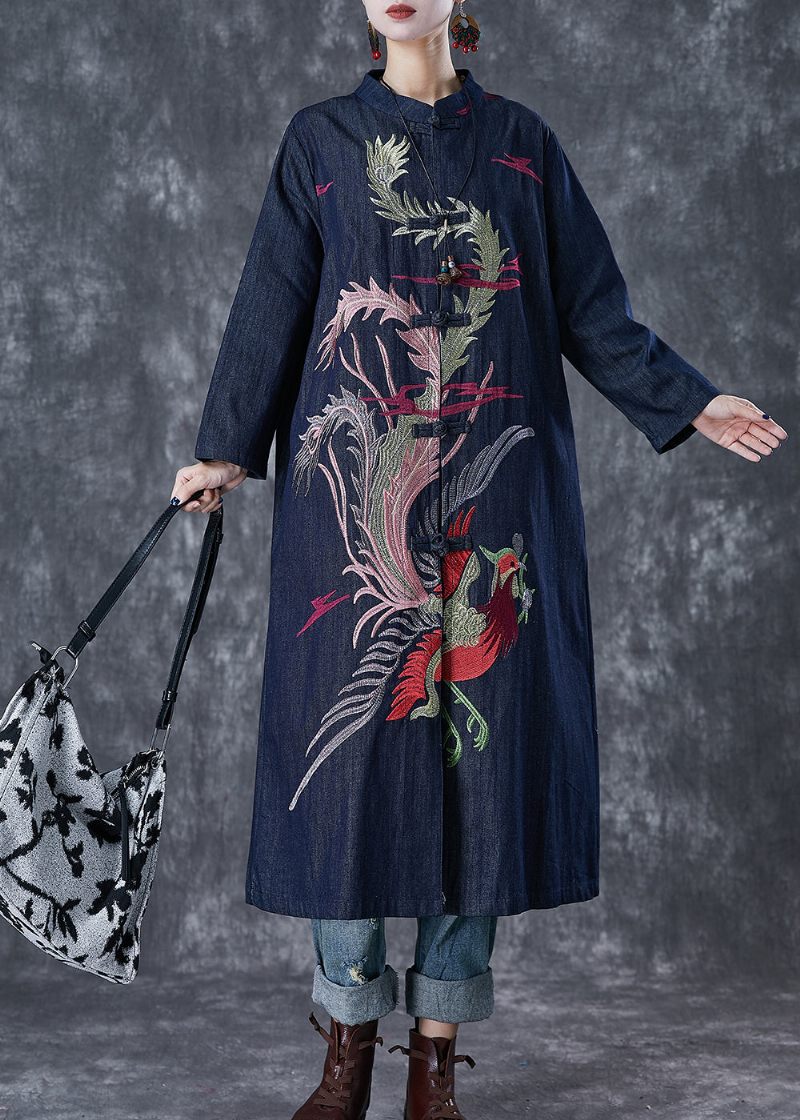 Chic Navy Phoenix Broderad Kinesisk Knapp Denim Trench Fall - Trenchcoats för kvinnor