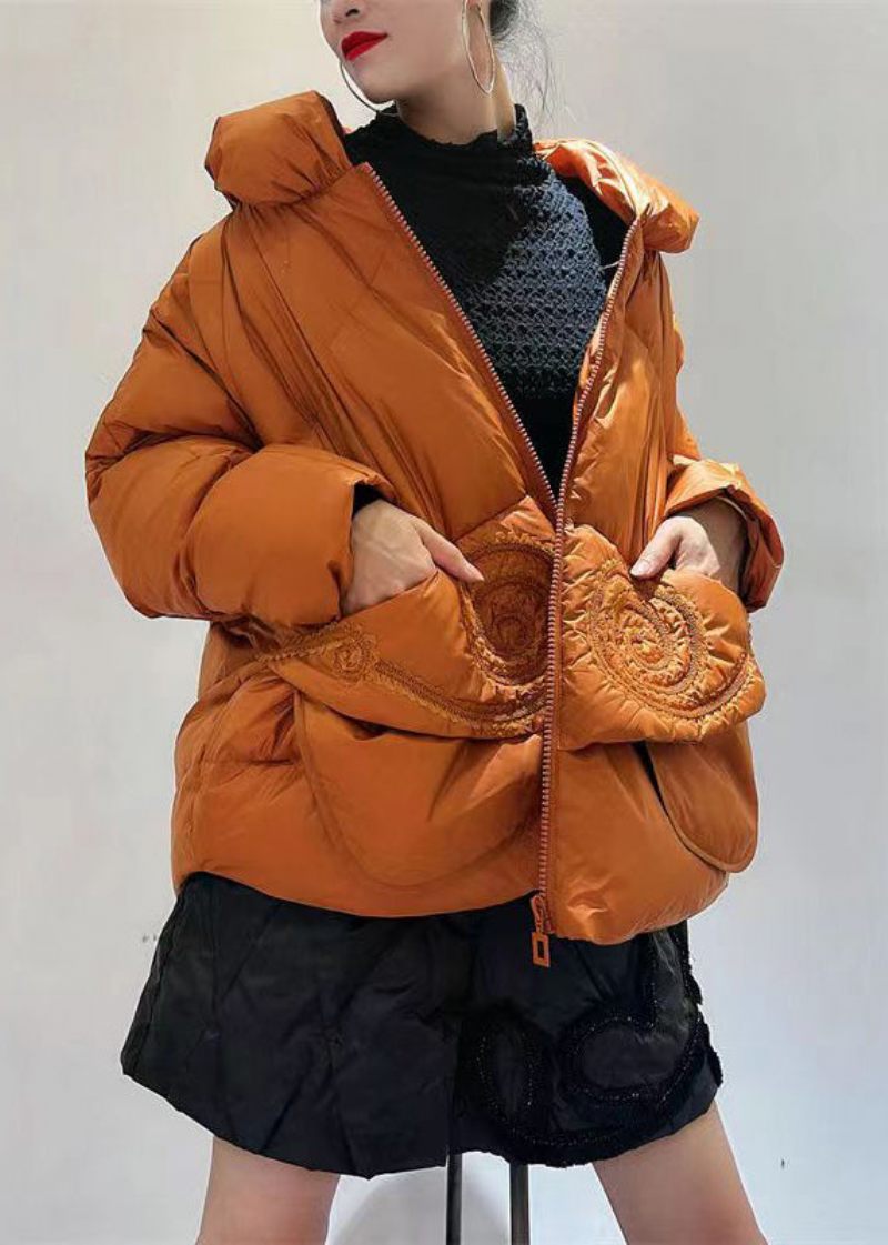 Chic Orange Zip Up-fickor Patchwork Duck Down Dunrockar Vinter