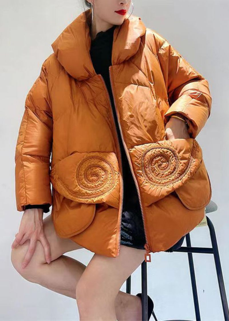 Chic Orange Zip Up-fickor Patchwork Duck Down Dunrockar Vinter - Dunjackor för kvinnor