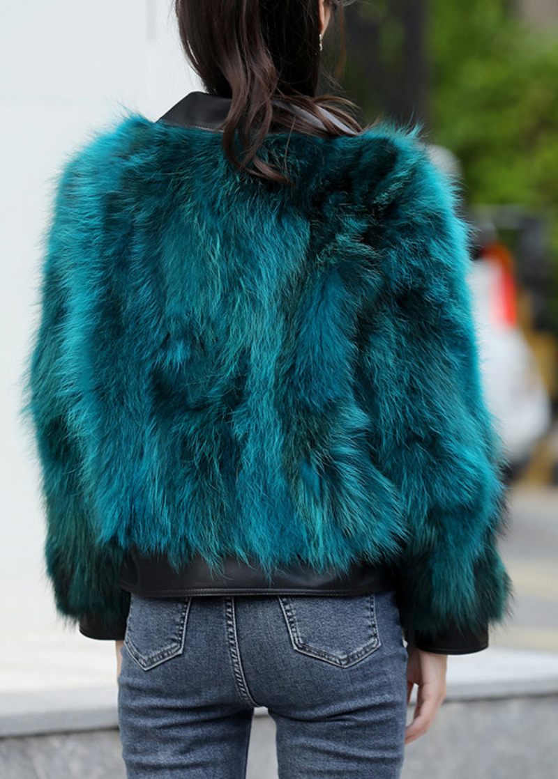 Chic Peacock Blue Pockets Läder Och Pälsjacka Långärmad - Påfågelblå