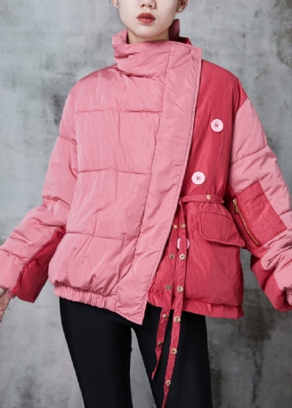 Chic Rosa Asymmetrisk Patchwork Snörning Fin Bomullsfylld Parkajacka Vinter