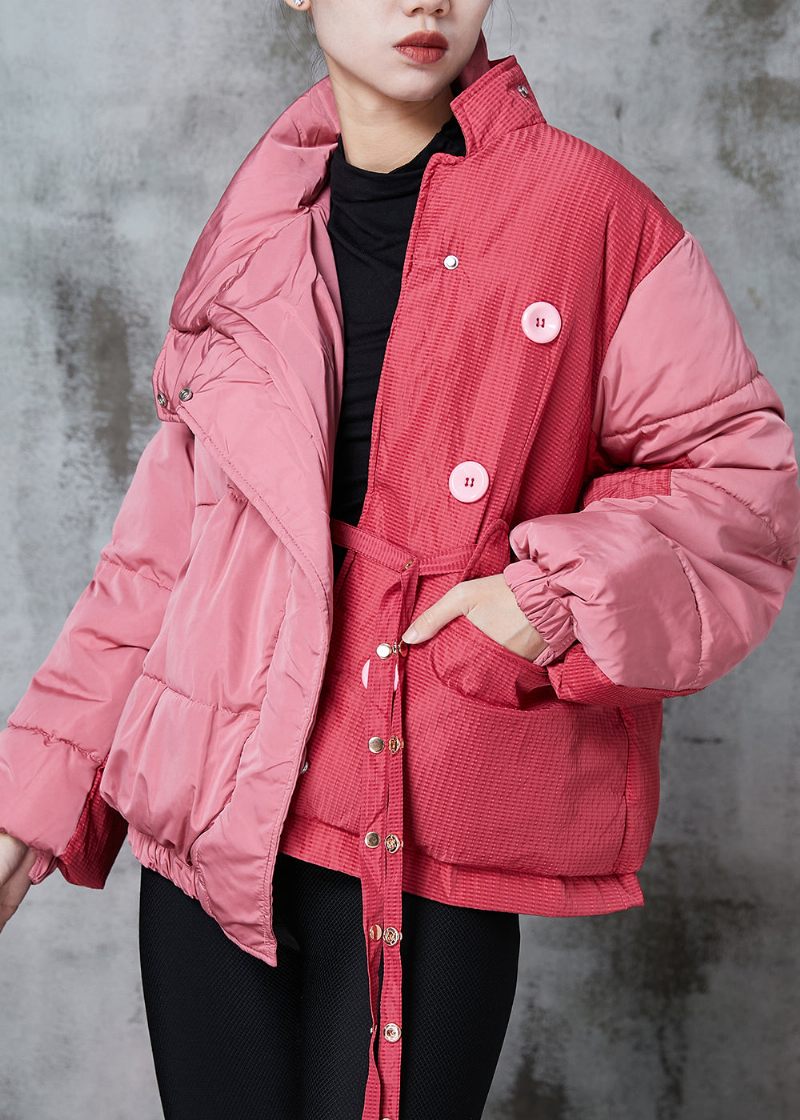 Chic Rosa Asymmetrisk Patchwork Snörning Fin Bomullsfylld Parkajacka Vinter - Dunjackor för kvinnor