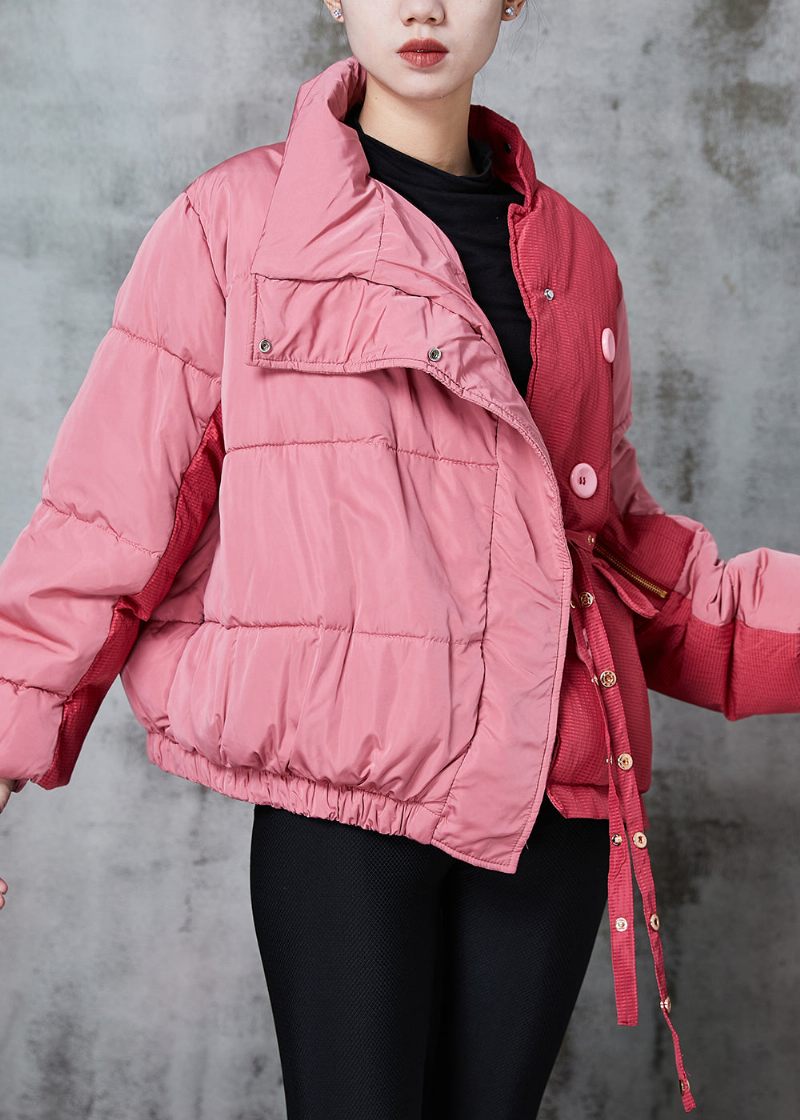 Chic Rosa Asymmetrisk Patchwork Snörning Fin Bomullsfylld Parkajacka Vinter - Dunjackor för kvinnor