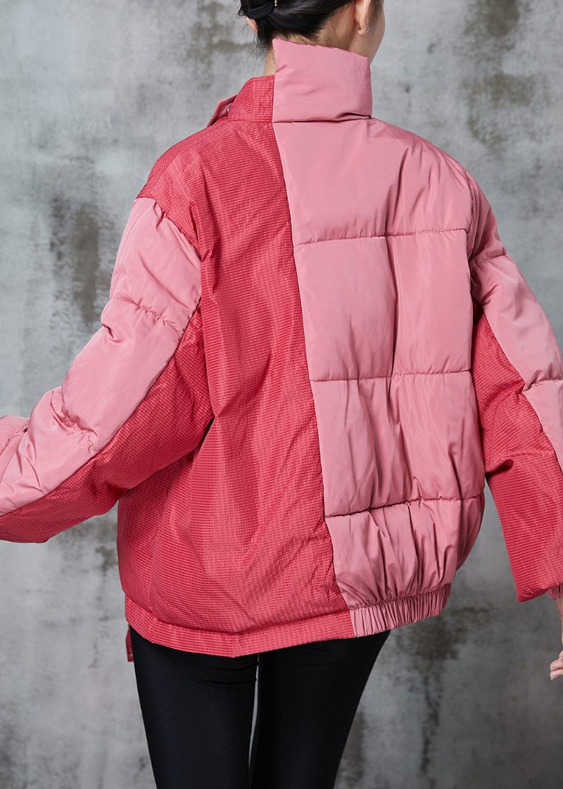 Chic Rosa Asymmetrisk Patchwork Snörning Fin Bomullsfylld Parkajacka Vinter - Dunjackor för kvinnor