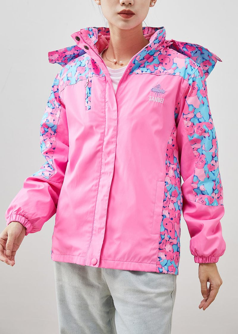 Chic Rosa Hooded Patchwork Print Spandex Coat Ytterkläder Höst