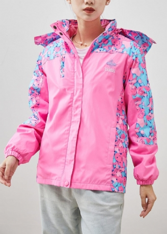 Chic Rosa Hooded Patchwork Print Spandex Coat Ytterkläder Höst