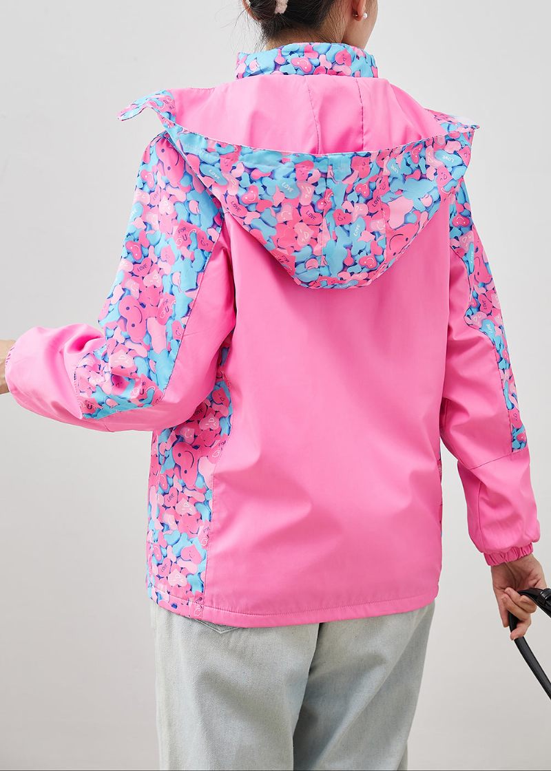 Chic Rosa Hooded Patchwork Print Spandex Coat Ytterkläder Höst - Vinterkappor för kvinnor