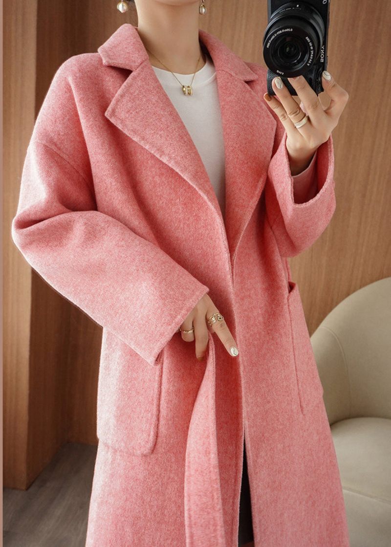 Chic Rosa Naggad Tie Midja Woolen Maxi Coat Fall