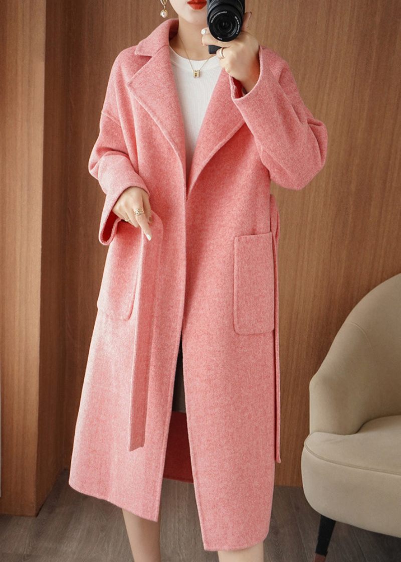 Chic Rosa Naggad Tie Midja Woolen Maxi Coat Fall - Ullrockar för kvinnor