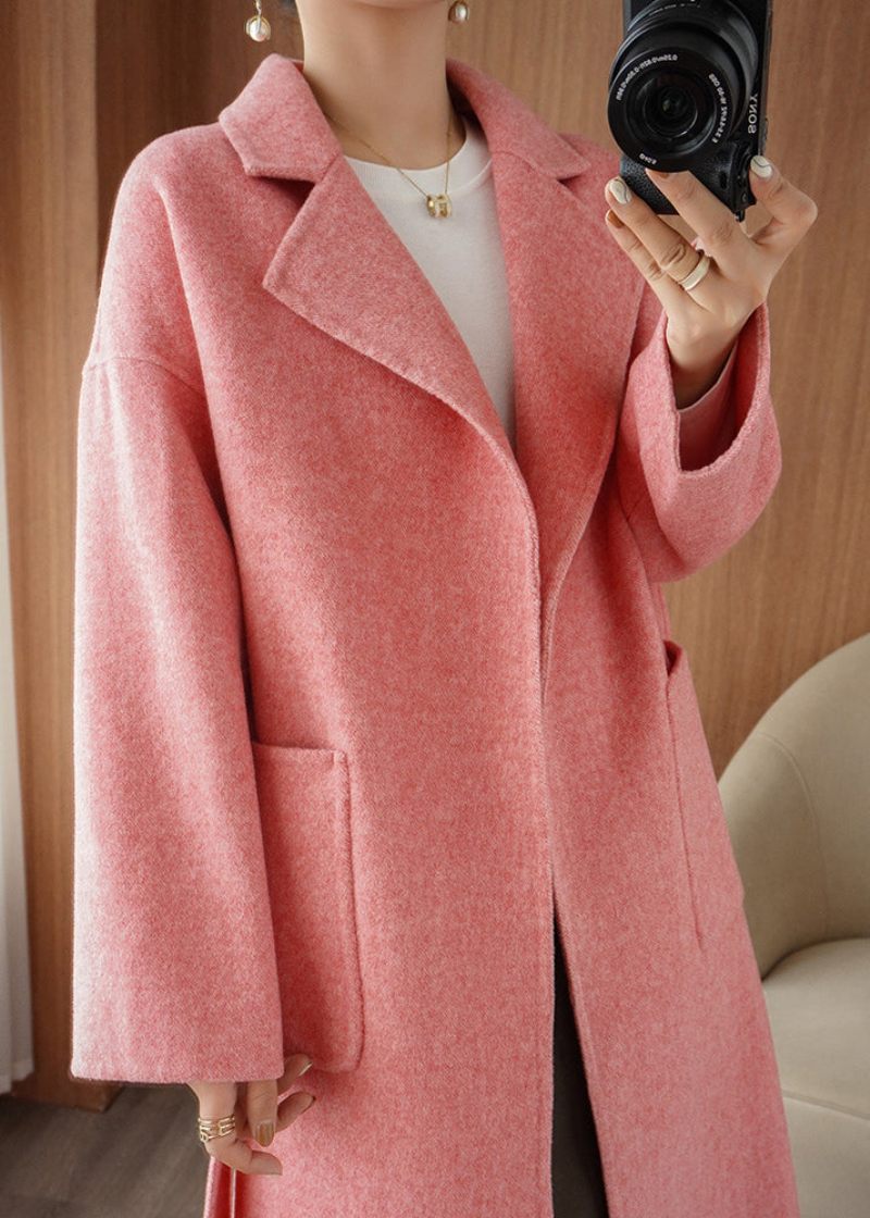 Chic Rosa Naggad Tie Midja Woolen Maxi Coat Fall - Ullrockar för kvinnor