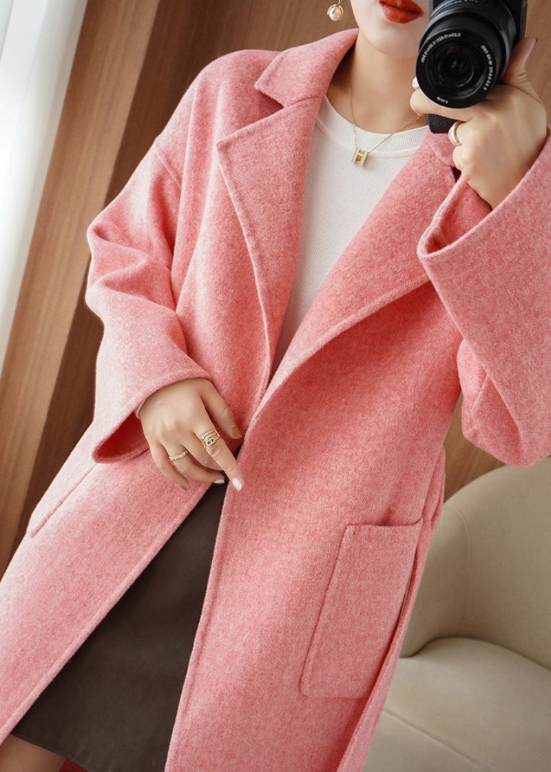 Chic Rosa Naggad Tie Midja Woolen Maxi Coat Fall - Ullrockar för kvinnor