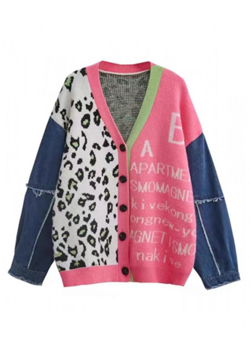 Chic Rosa V-halstryck Denim Patchwork Stickad Cardigan Spring - Koftor för kvinnor