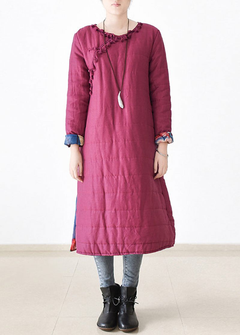 Chic Rose O-neck Button Side Open Tjock Linne Lång Parka Witner