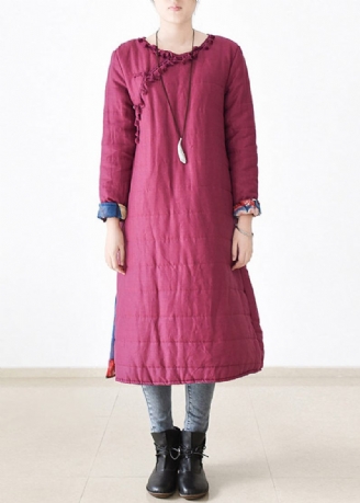 Chic Rose O-neck Button Side Open Tjock Linne Lång Parka Witner