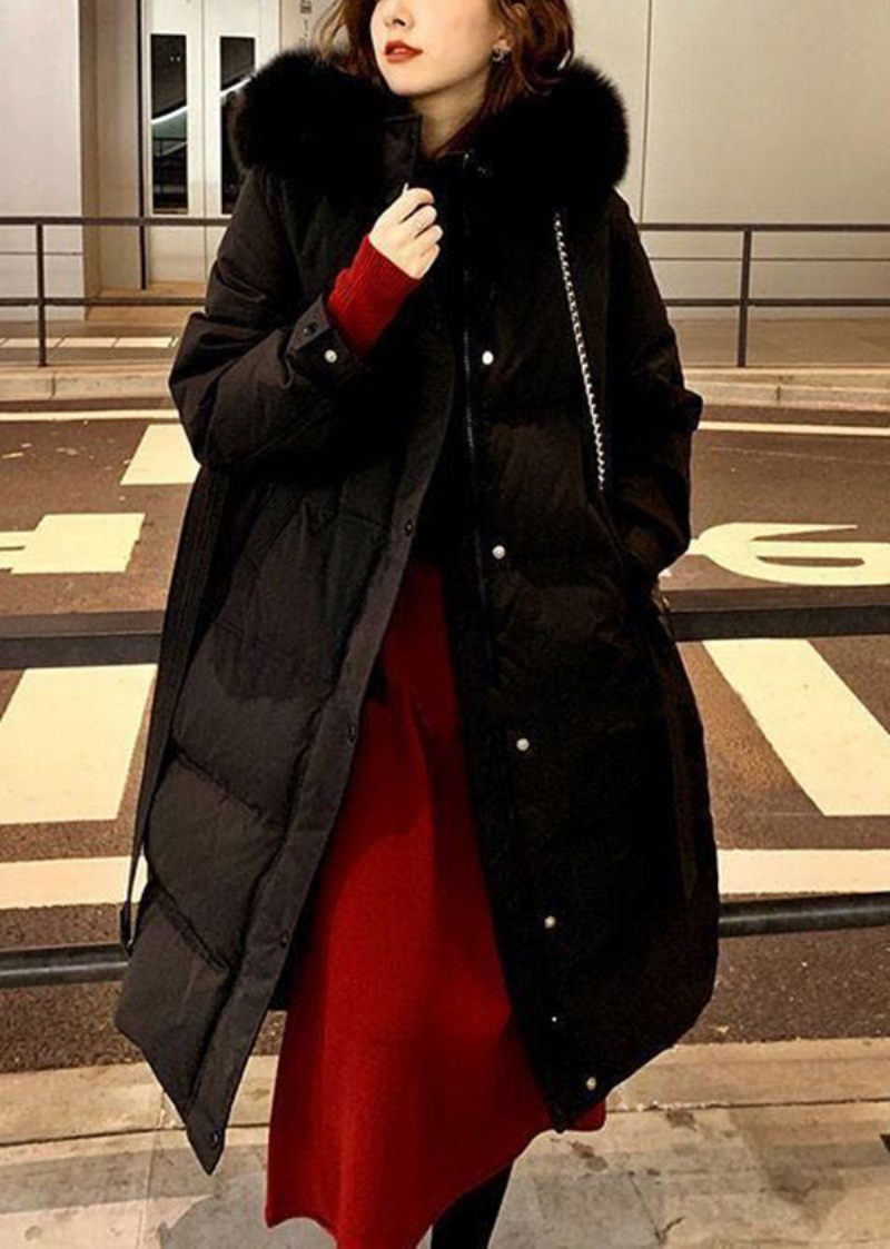 Chic Svart Pälskrage Hooded Tie Midja Fin Bomullsfylld Puffers Coat Winter