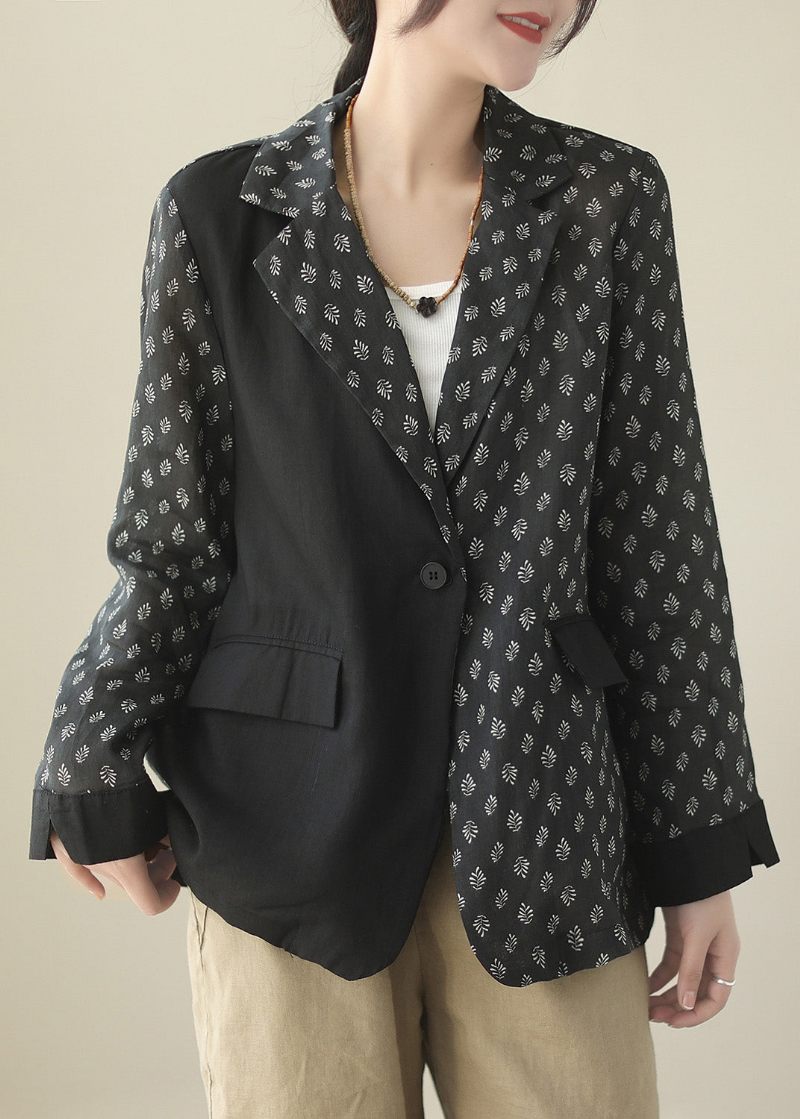 Chic Svart Patchworkknapp Ramie Coat Spring