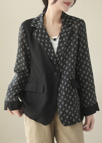 Chic Svart Patchworkknapp Ramie Coat Spring