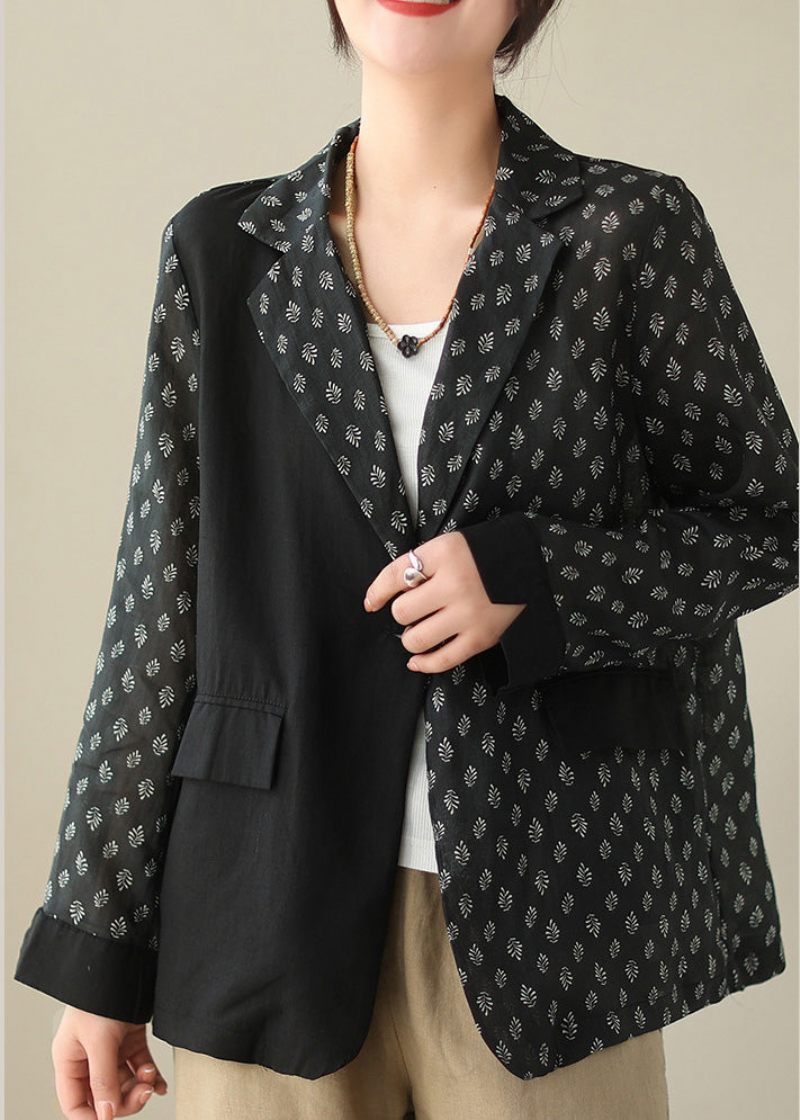 Chic Svart Patchworkknapp Ramie Coat Spring - Svart