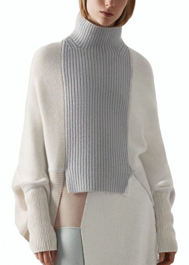 Chic Vit High Neck Asymmetrisk Patchwork Ull Stickad Pullover Vinter - Ullrockar för kvinnor