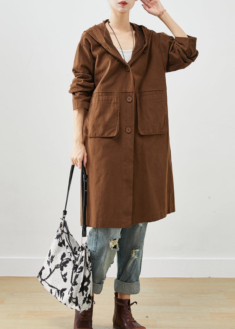 Choklad Bomull Trench Hooded Fickor Fall