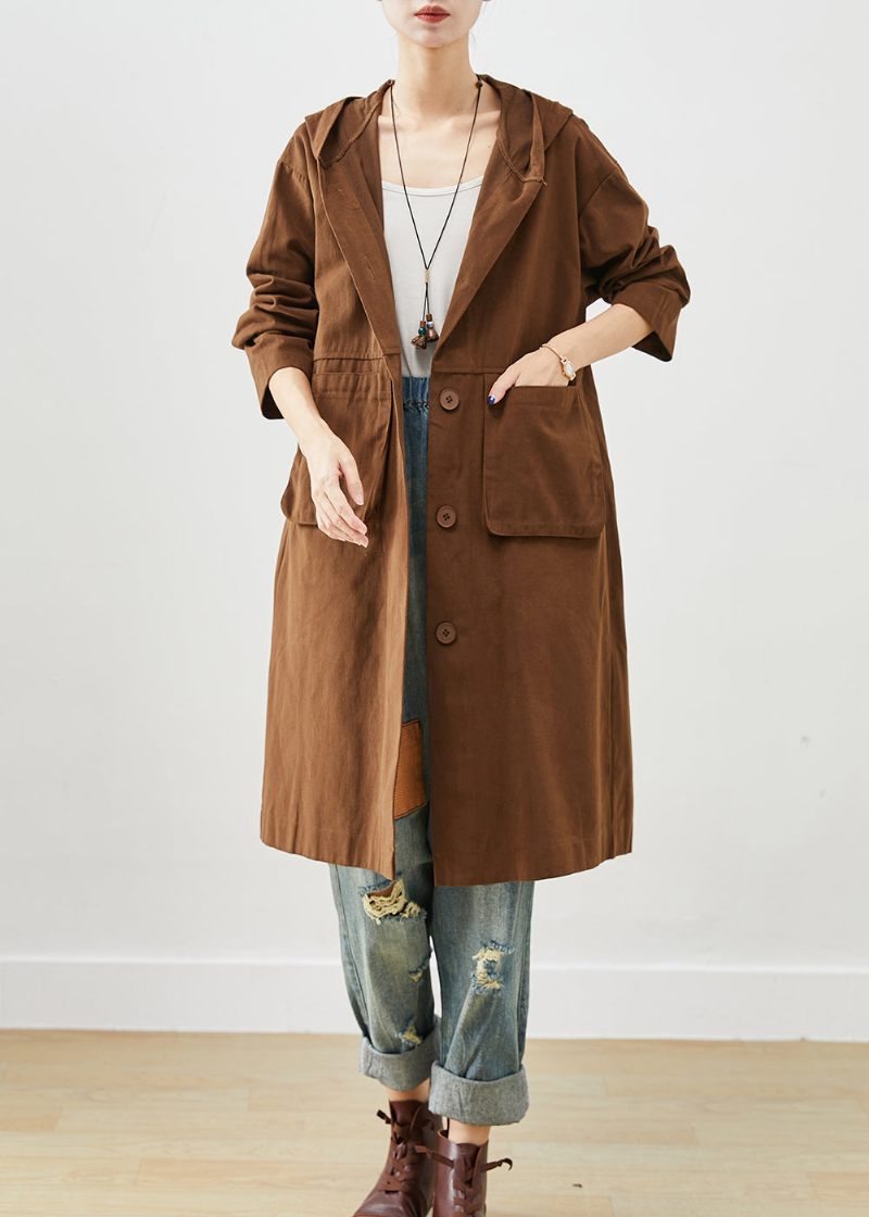 Choklad Bomull Trench Hooded Fickor Fall - Trenchcoats för kvinnor